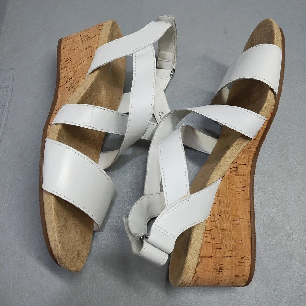 Lands' End Wedge Strappy Sandals Womens 9B White Cushioned Open Toe Hook & Loop